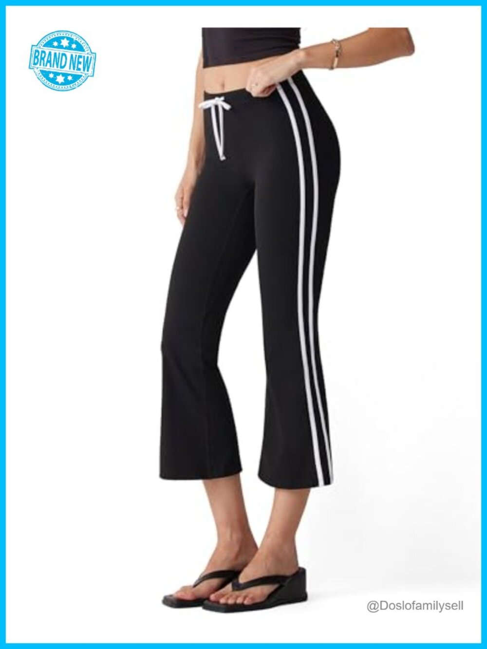 Flare Capri Yoga Pants High Waisted Side Stripe Drawstring Cropped Leggings